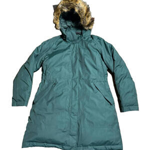 The North Face Arctic Down Parka Fur Trim Hooded Womens XL Green Puffer Lined